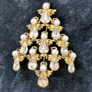 Designer Faux Diamond Pearl  Angel Christmas Tree Brooch by Avon
